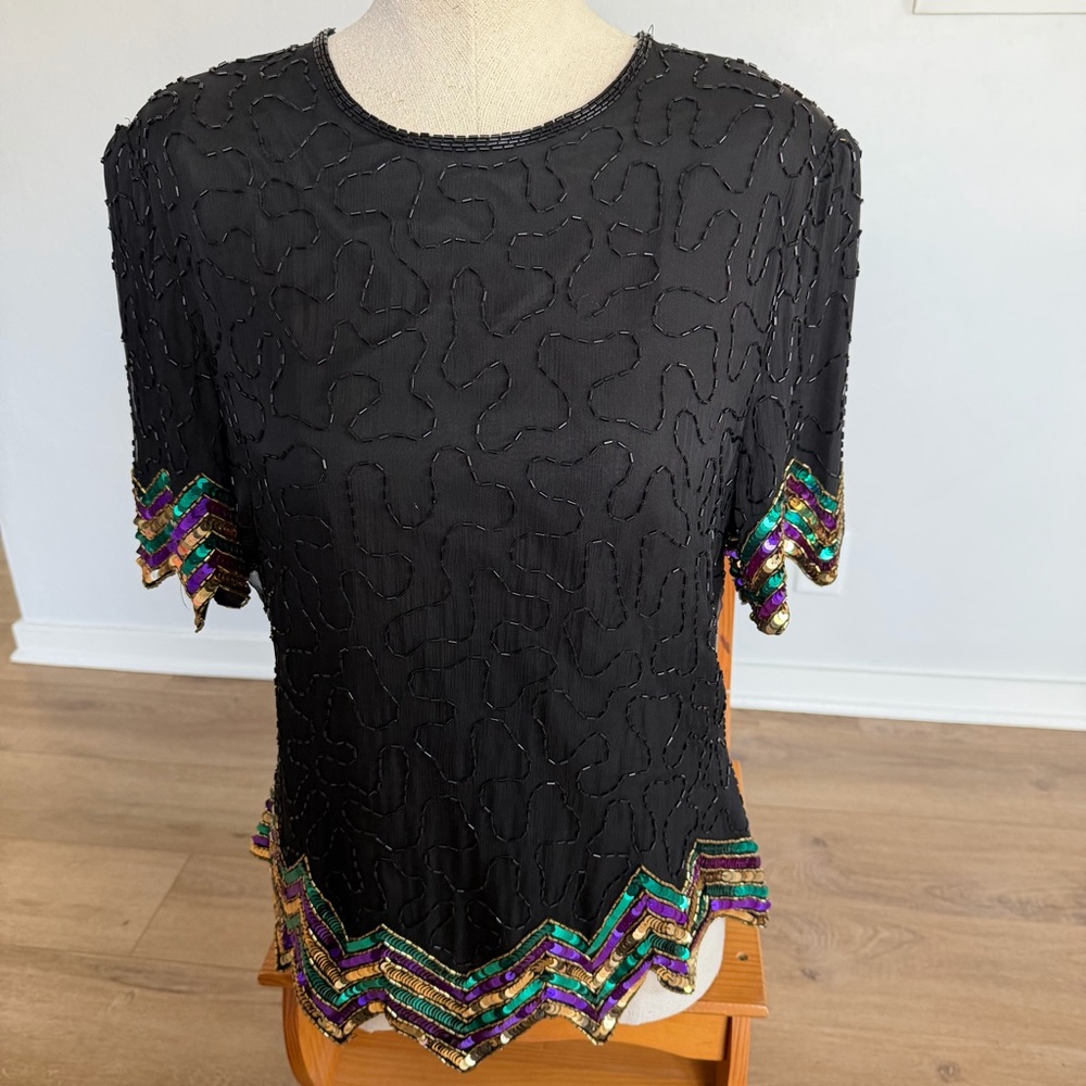 Vintage Evening Top Silk Beaded Sequin Womens L Artsy Eclectic party festival